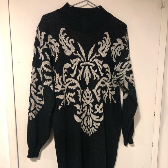 Vintage Dresses & Skirts - [ vintage ] long black & silver tunic sweater EUC